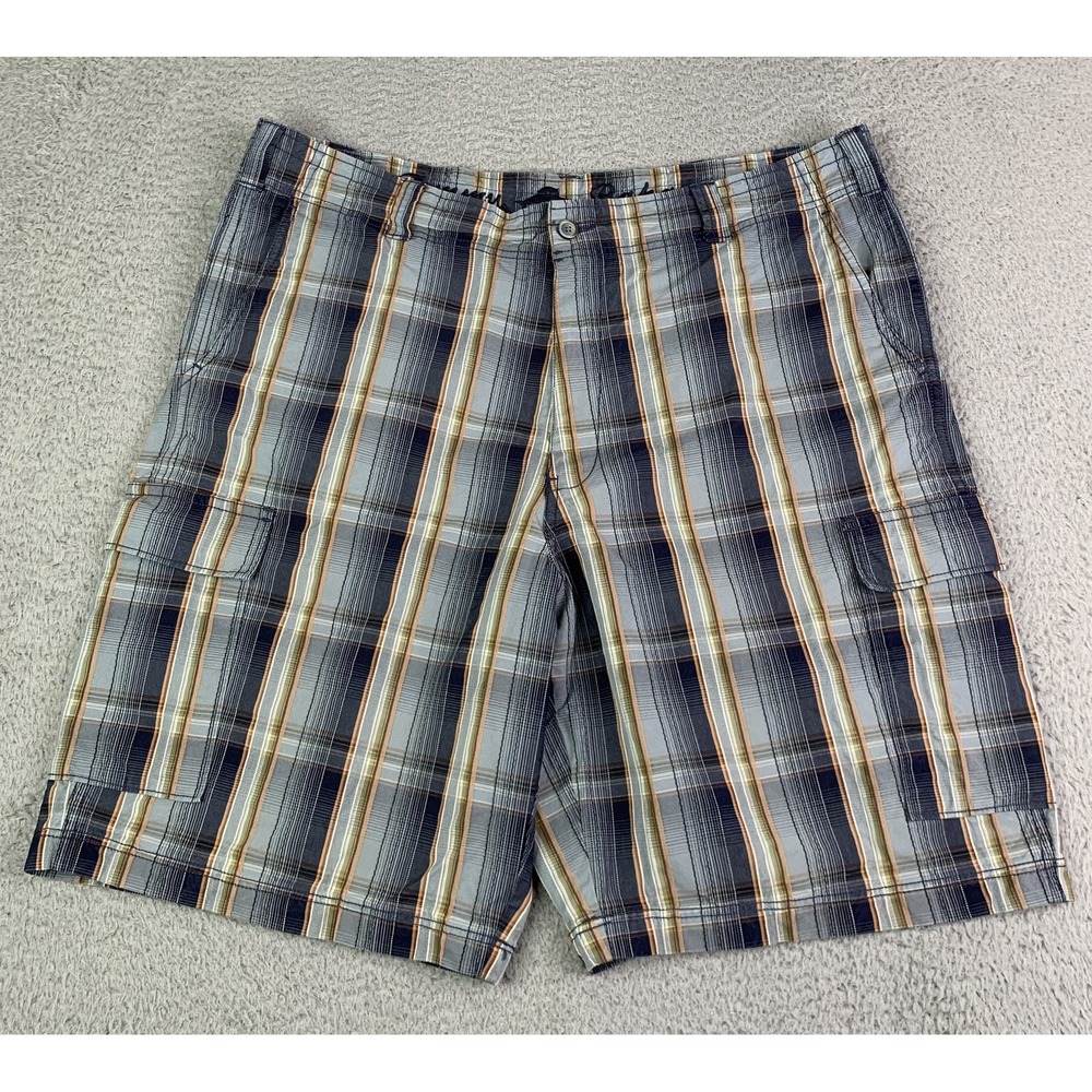 Tommy Bahama Shorts Mens 40 Blue Brown Plaid Silk Cotton Cargo Pockets Casual